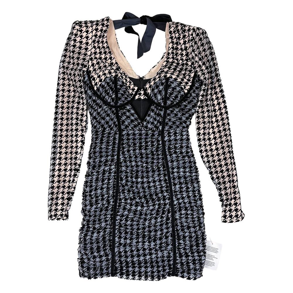 ASOS Luxe NWT Houndstooth Corset Mini Dress Womens 0 Black Velvet Bow Bodycon